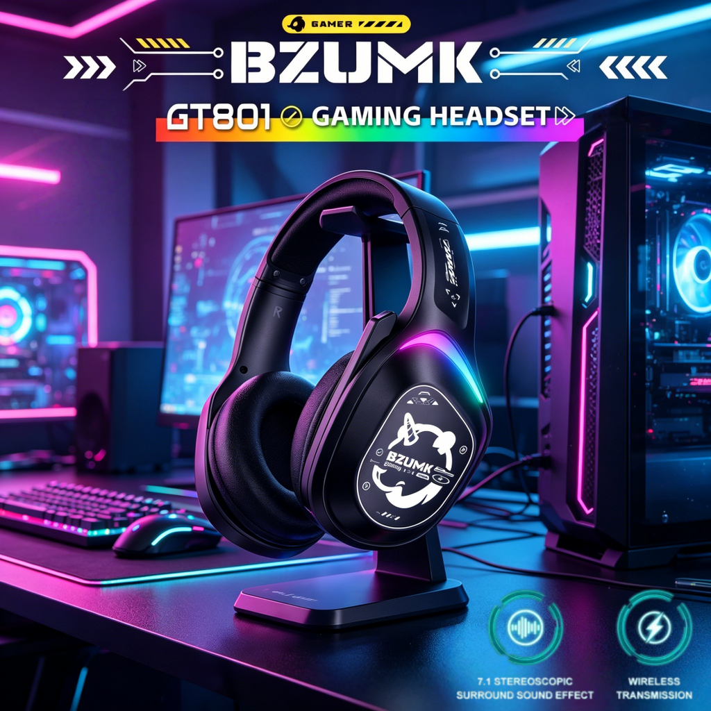 Bzumk Gzum1 Wireless Gaming Headset 3 Mode Bluetooth 2.4G Wired Headphones with Mic Noise Cancelling Over Ear Game Headphones for PC PS5 Switch Phone