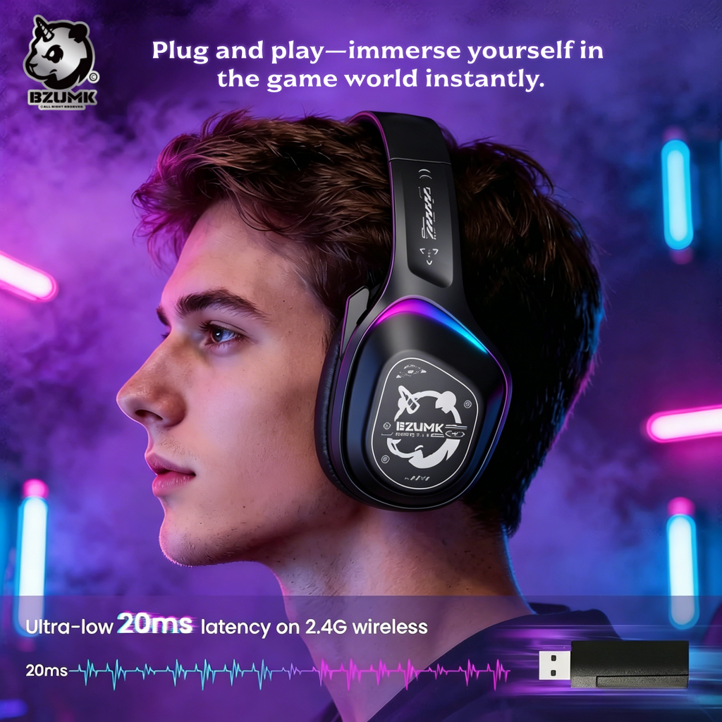 Bzumk Gzum1 Wireless Gaming Headset 3 Mode Bluetooth 2.4G Wired Headphones with Mic Noise Cancelling Over Ear Game Headphones for PC PS5 Switch Phone