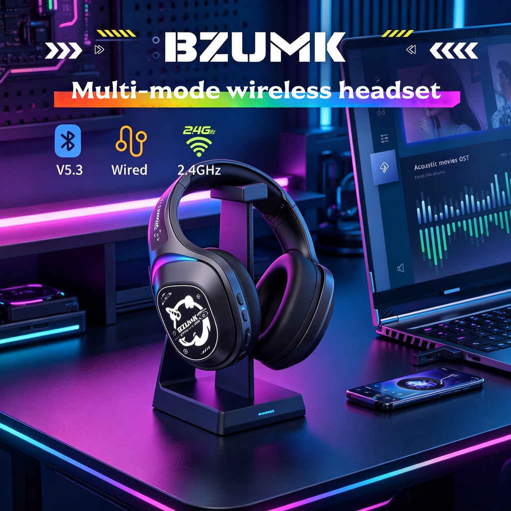 Bzumk Gzum1 Wireless Gaming Headset 3 Mode Bluetooth 2.4G Wired Headphones with Mic Noise Cancelling Over Ear Game Headphones for PC PS5 Switch Phone