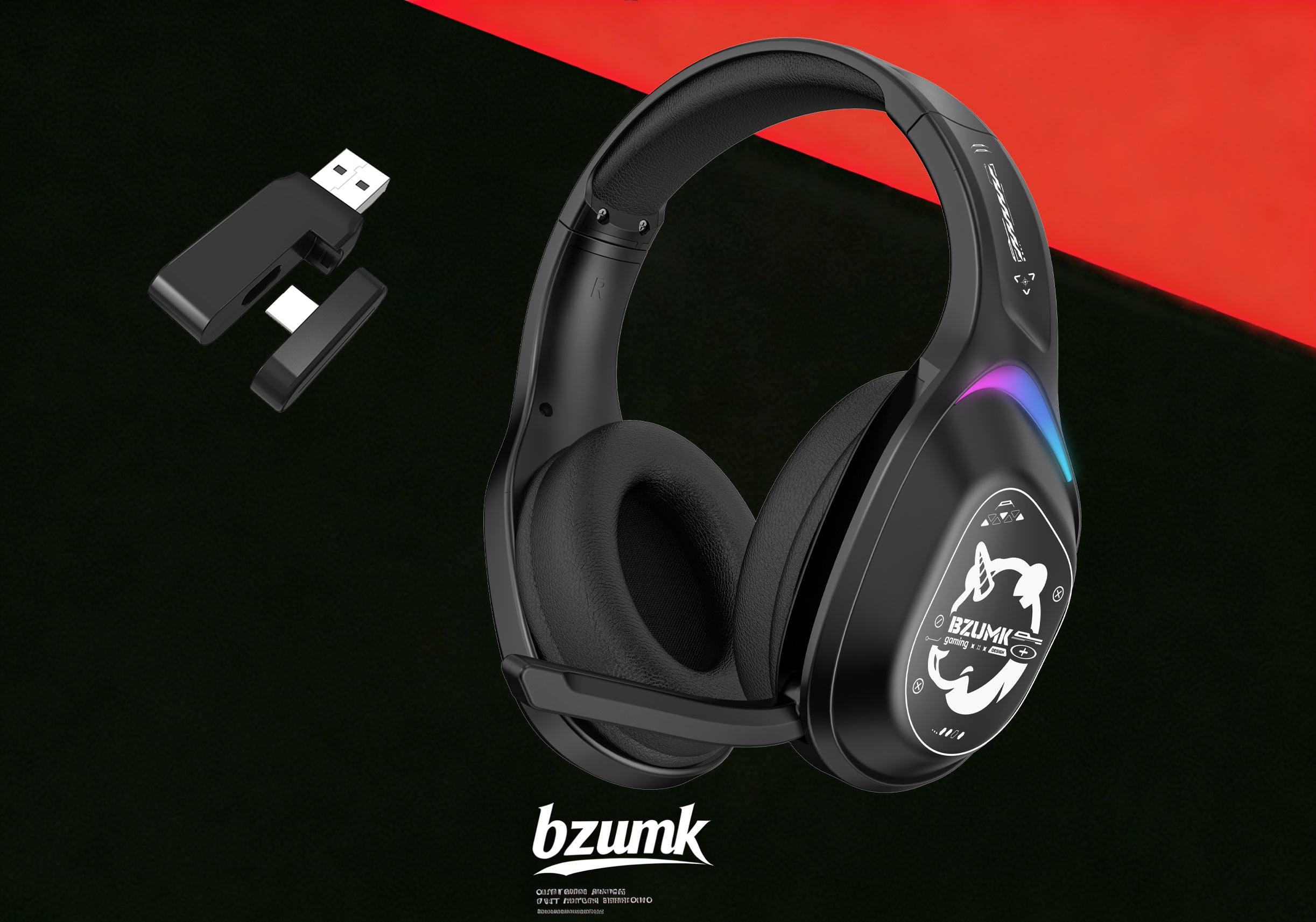 Bzumk Gzum1 Wireless Gaming Headset 3 Mode Bluetooth 2.4G Wired Headphones with Mic Noise Cancelling Over Ear Game Headphones for PC PS5 Switch Phone