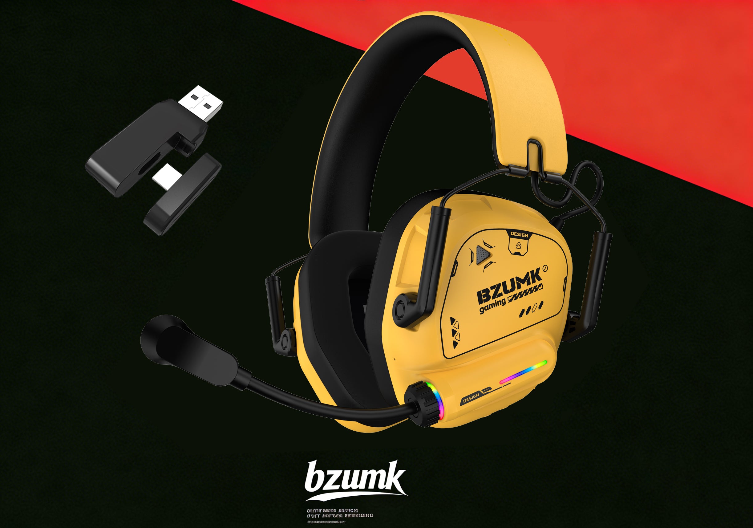 Wireless game headset Bzumk GT880 yellow three-mode headset, with removable high-definition microphone, soft memory foam earplugs, RGB breath lamp, e-sports, streaming media and daily music multi platform support