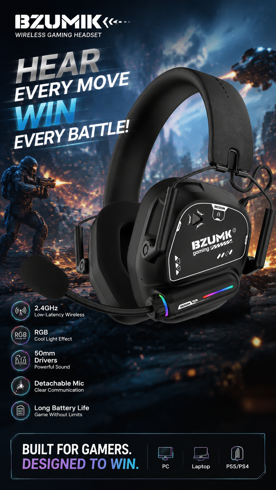 Wireless Gaming Headset Bzumk GT880, 3 Connection Modes 2.4G USB Dongle Bluetooth Wired Gaming Headphones, Over Ear Headset with Mic &amp; RGB Lights for Gamers Laptop Game Consoles