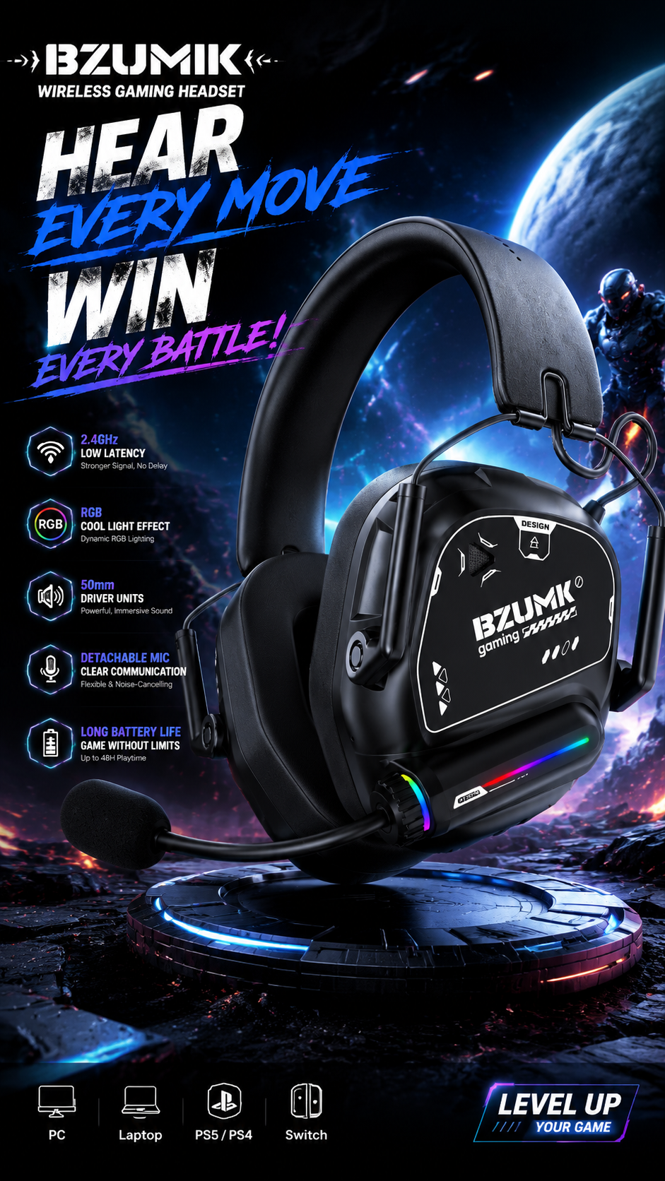 Wireless Gaming Headset Bzumk GT880, 3 Connection Modes 2.4G USB Dongle Bluetooth Wired Gaming Headphones, Over Ear Headset with Mic &amp; RGB Lights for Gamers Laptop Game Consoles