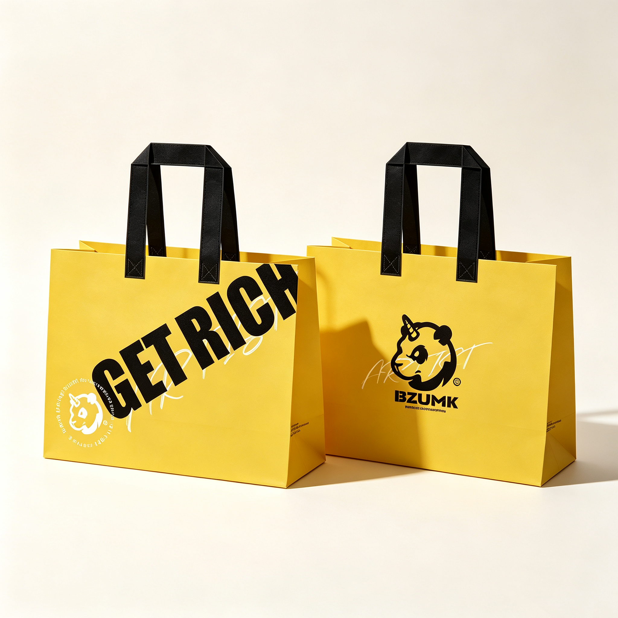 Streetwear BZUMK Yellow Tote Bags With Black Handle GET RICH Graphic Panda Logo Reusable Gift