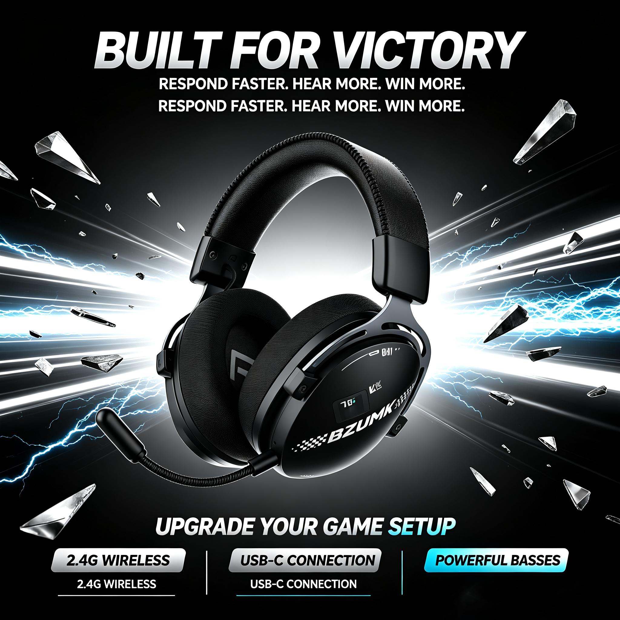 Bzumk GT802 3-Mode Gaming Headset 2.4G Wireless Bluetooth 5.3 Wired Over Ear Headphones Low Latency RGB Light Detachable Mic Noise Isolation Game Headset for PC PS5 Xbox Switch Mobile