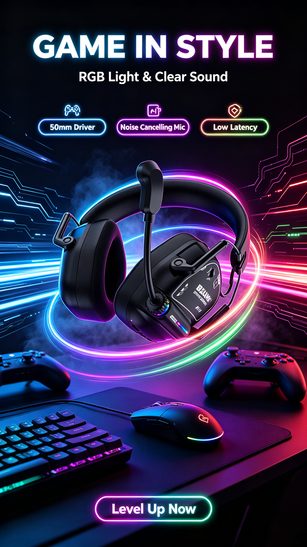 Wireless Gaming Headset Bzumk GT880, 3 Connection Modes 2.4G USB Dongle Bluetooth Wired Gaming Headphones, Over Ear Headset with Mic &amp; RGB Lights for Gamers Laptop Game Consoles