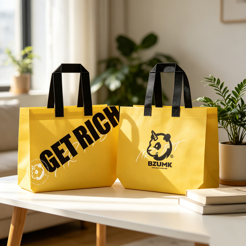 Streetwear BZUMK Yellow Tote Bags With Black Handle GET RICH Graphic Panda Logo Reusable Gift