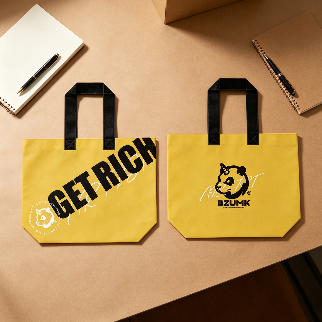 Streetwear BZUMK Yellow Tote Bags With Black Handle GET RICH Graphic Panda Logo Reusable Gift