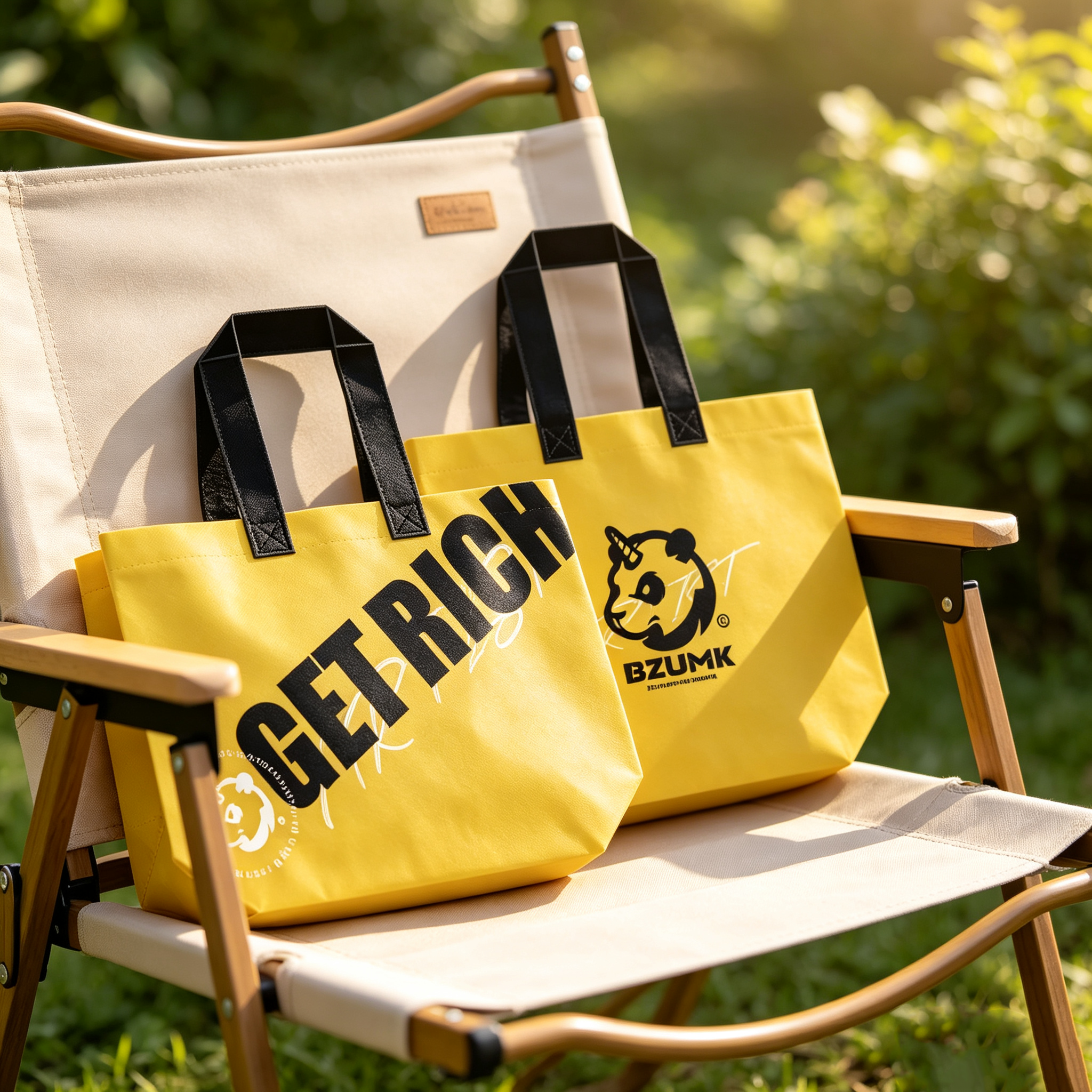 Streetwear BZUMK Yellow Tote Bags With Black Handle GET RICH Graphic Panda Logo Reusable Gift