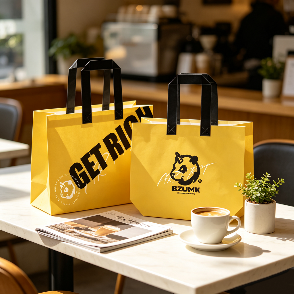 Streetwear BZUMK Yellow Tote Bags With Black Handle GET RICH Graphic Panda Logo Reusable Gift