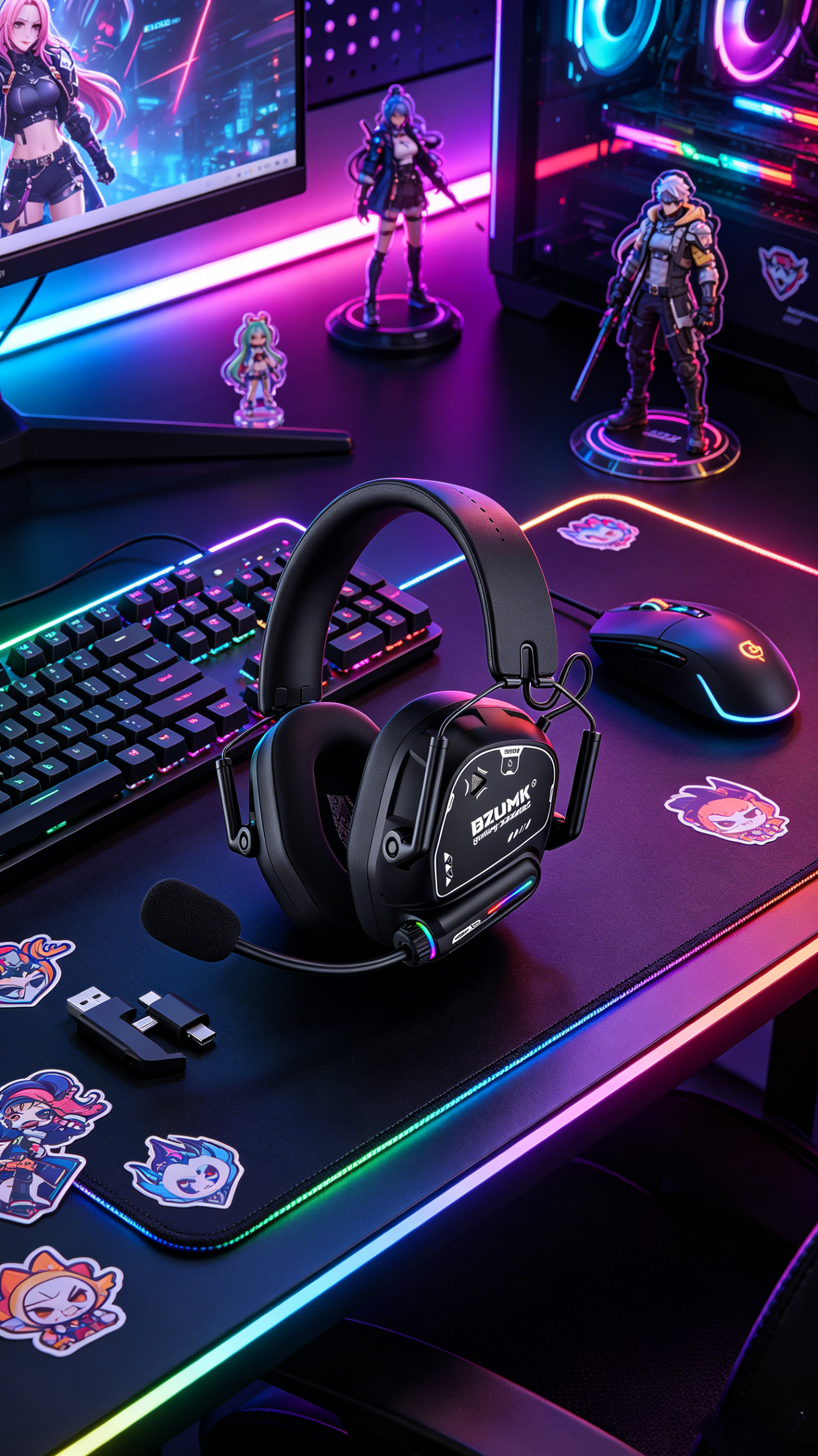 Wireless Gaming Headset Bzumk GT880, 3 Connection Modes 2.4G USB Dongle Bluetooth Wired Gaming Headphones, Over Ear Headset with Mic &amp; RGB Lights for Gamers Laptop Game Consoles
