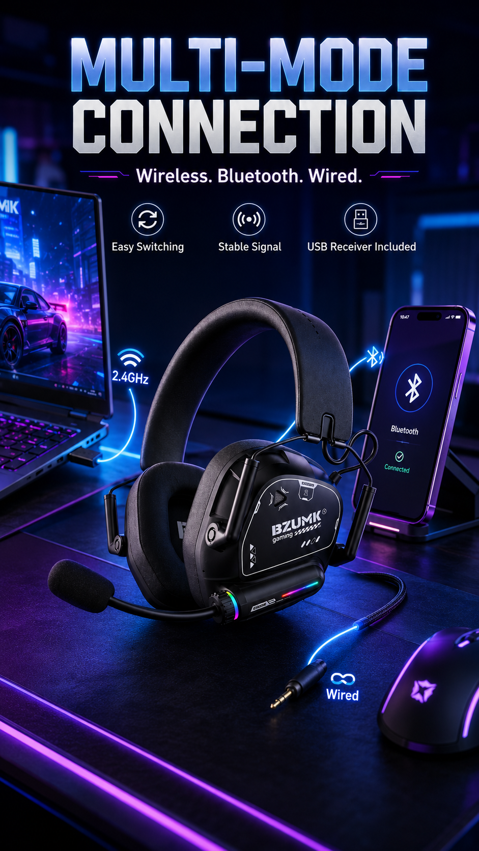Wireless Gaming Headset Bzumk GT880, 3 Connection Modes 2.4G USB Dongle Bluetooth Wired Gaming Headphones, Over Ear Headset with Mic &amp; RGB Lights for Gamers Laptop Game Consoles